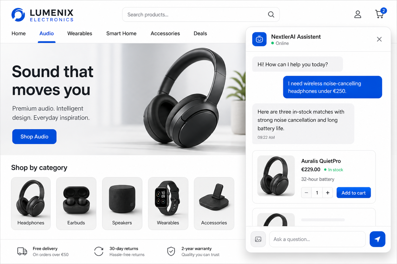NextlerAI Assistant finding headphones from a natural-language request in an electronics store