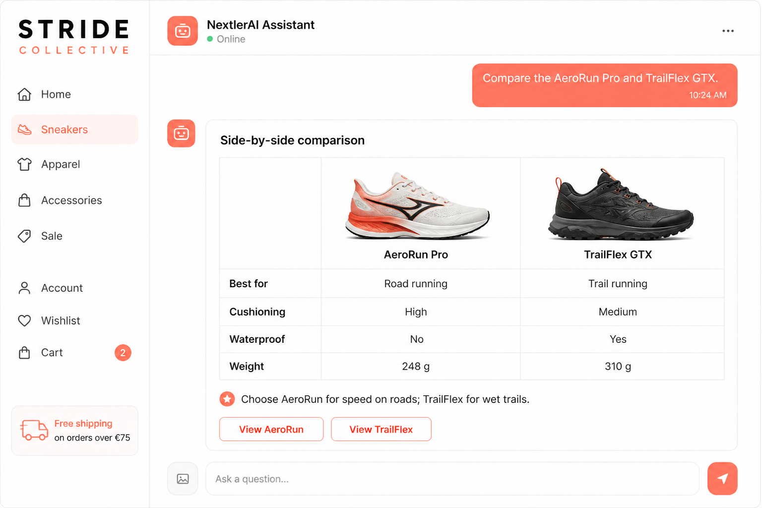 NextlerAI Assistant comparing two running shoes side by side