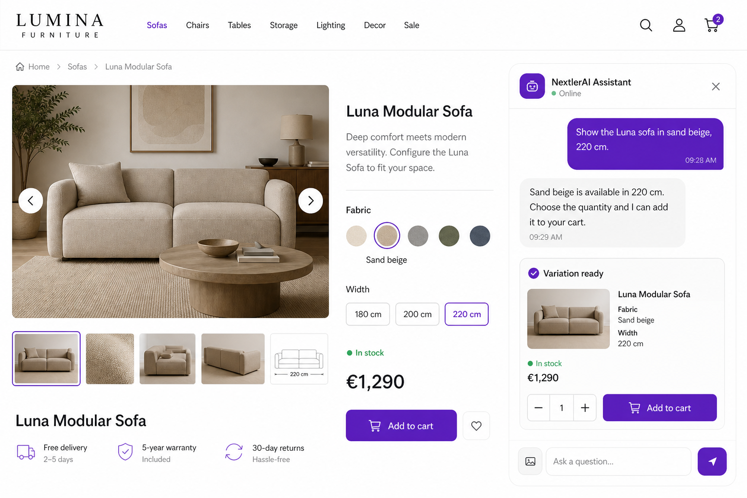 Furniture customer choosing sofa fabric and width in Assistant