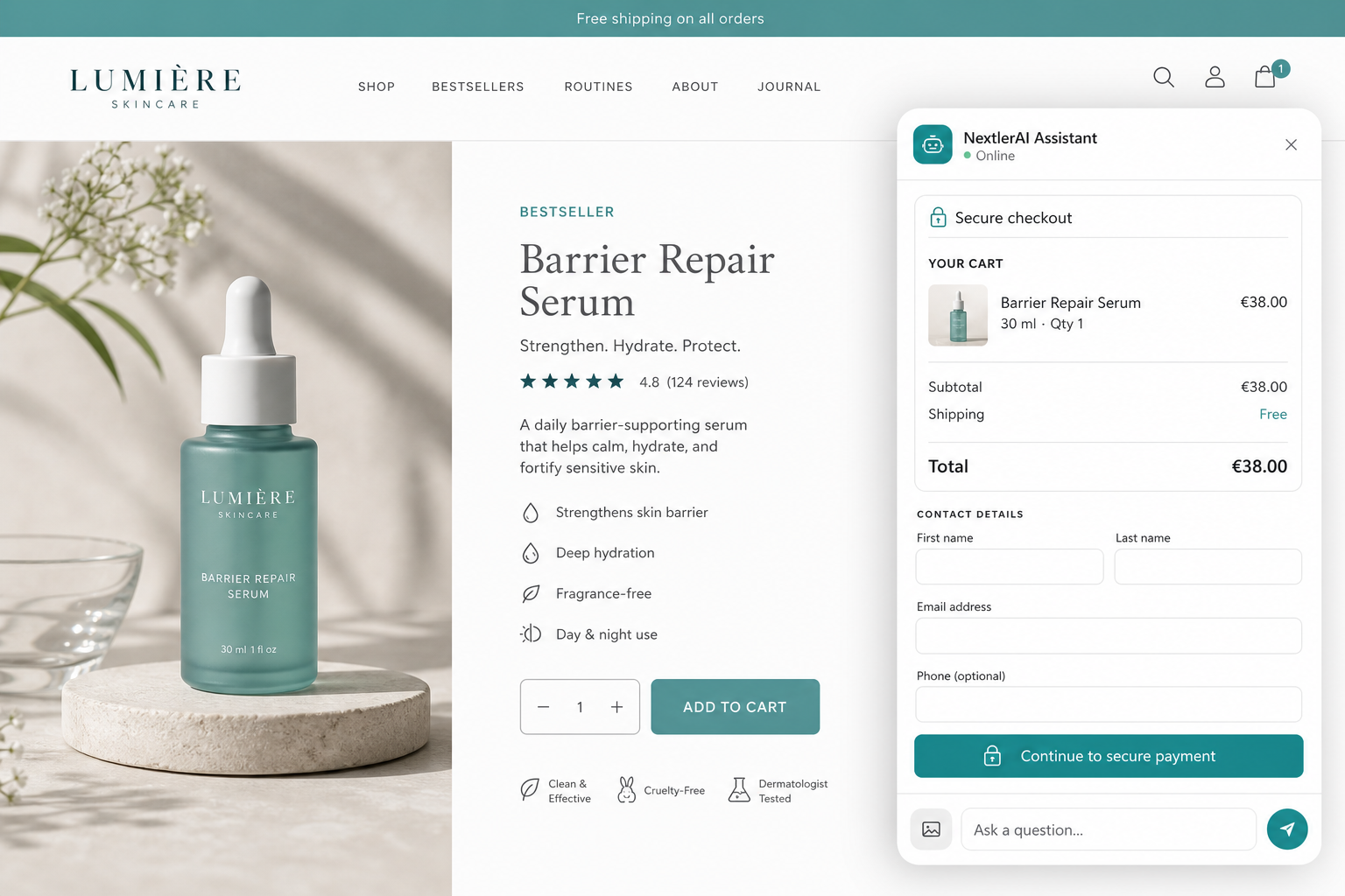 Skincare customer completing cart and checkout in Assistant