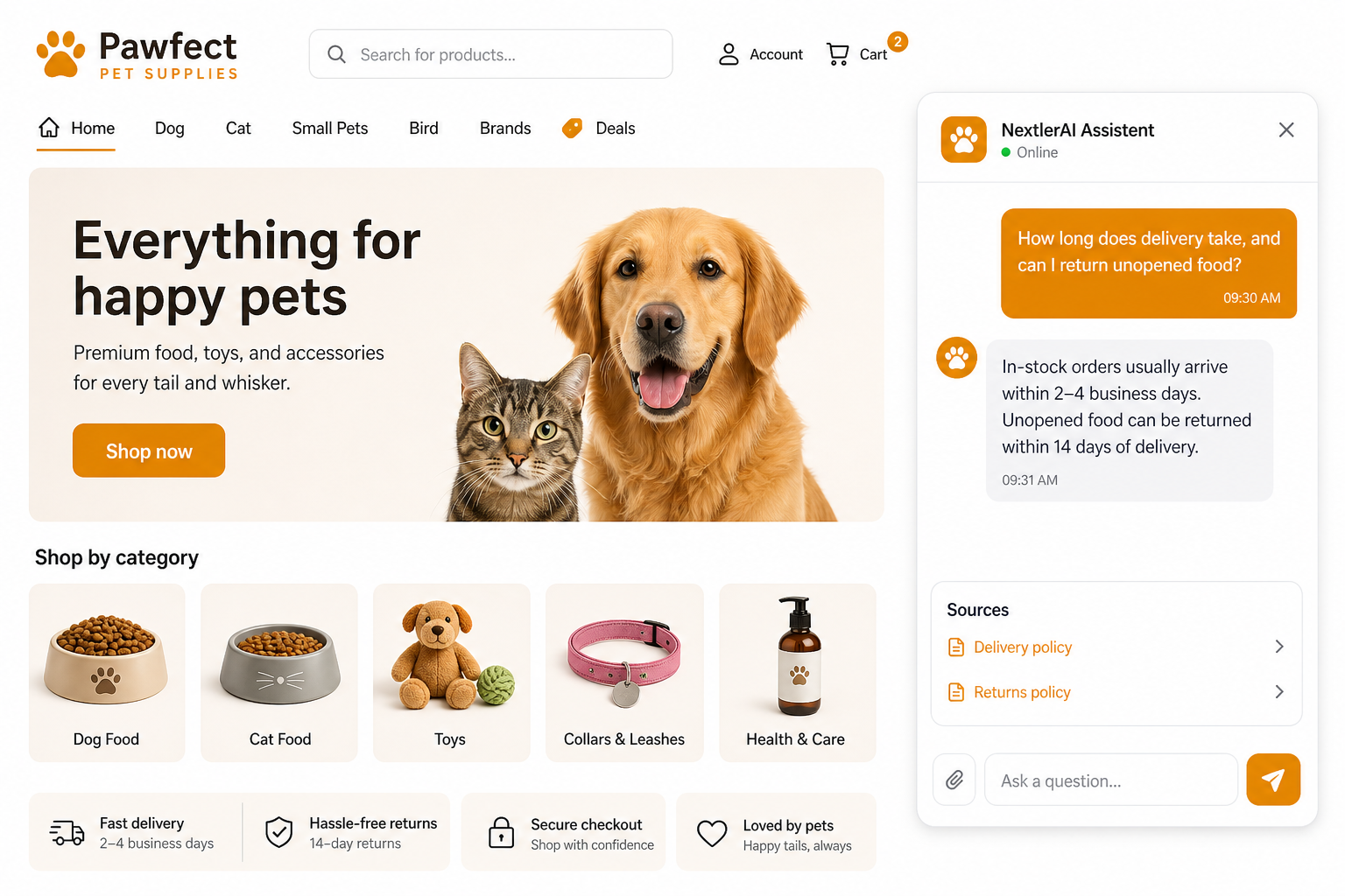 Pet-store customer receiving a grounded delivery and returns answer