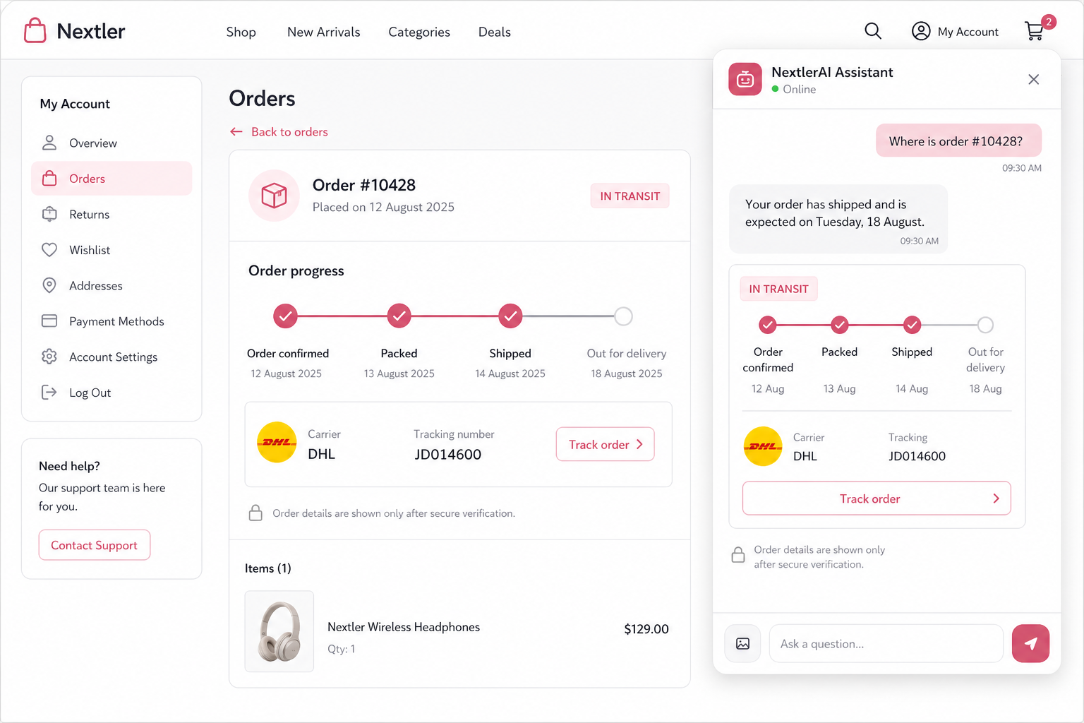 Customer securely checking an order status in Assistant