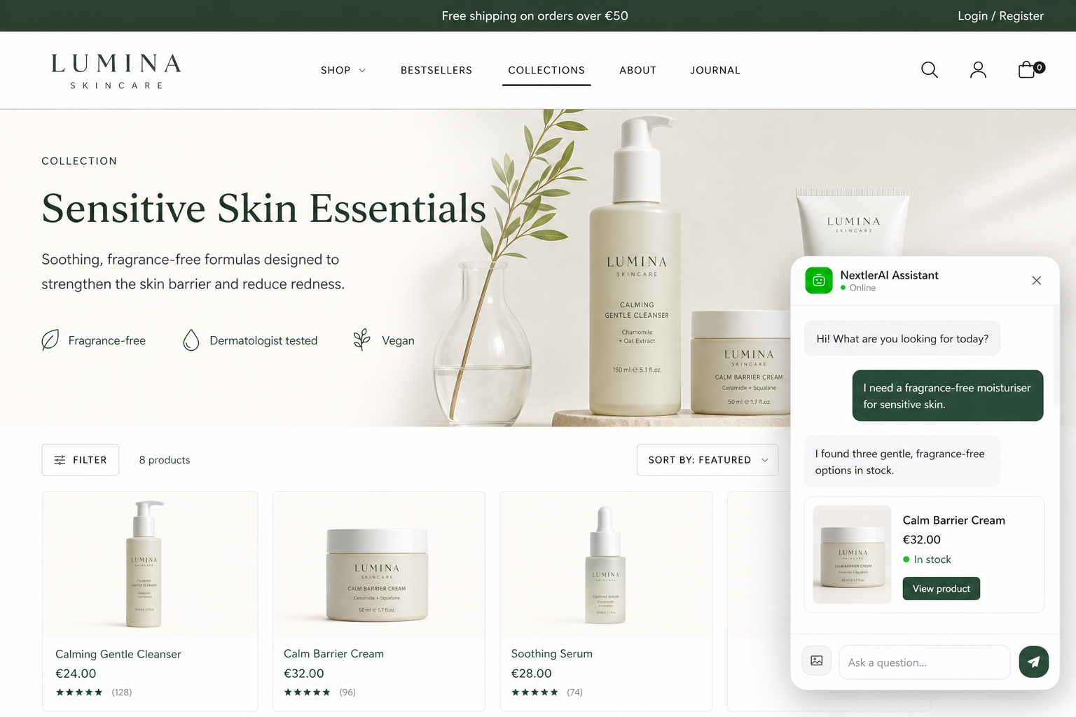 Floating Assistant on a skincare collection page