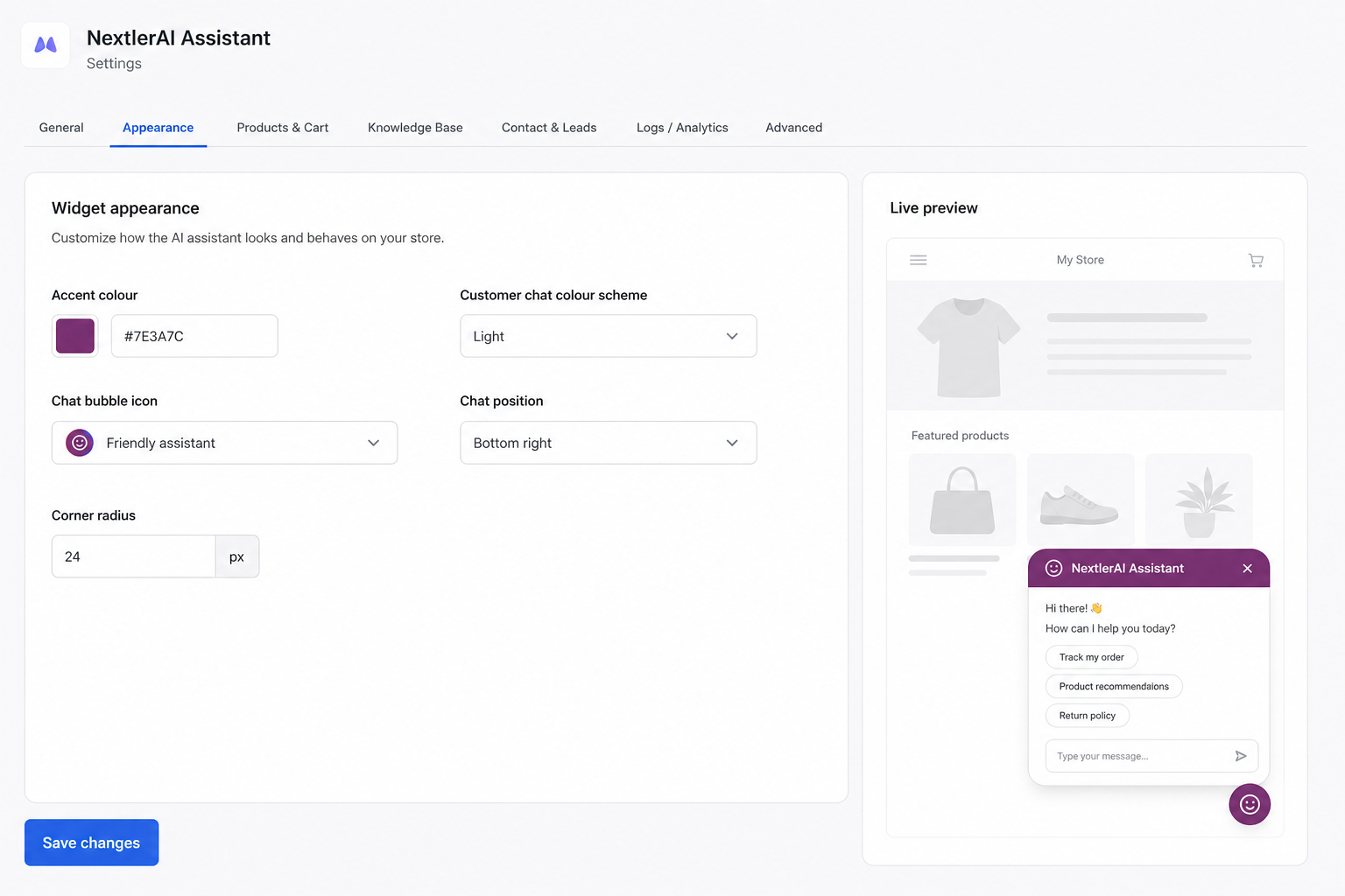 Assistant appearance settings with live preview