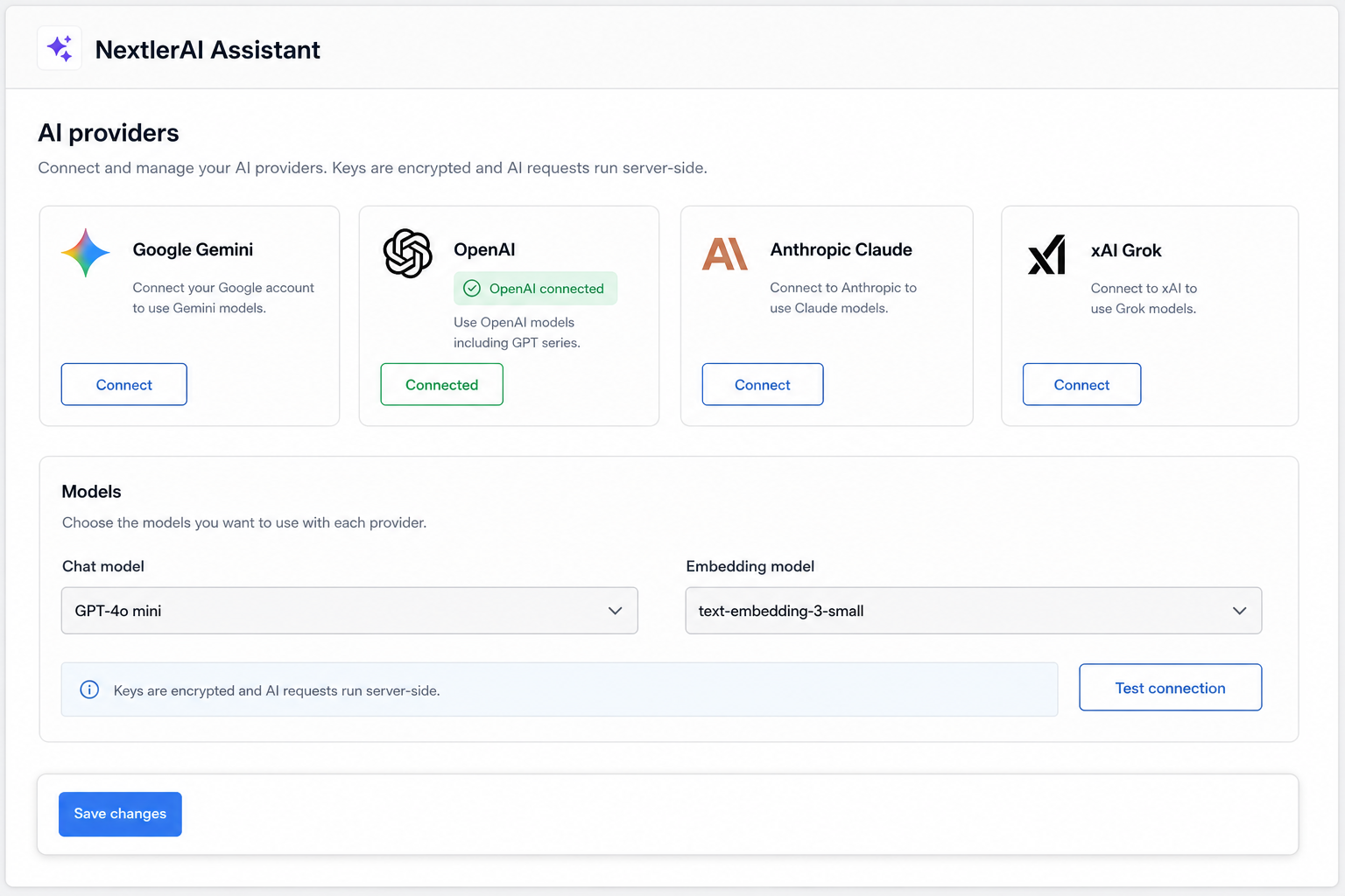 Assistant AI provider and model settings