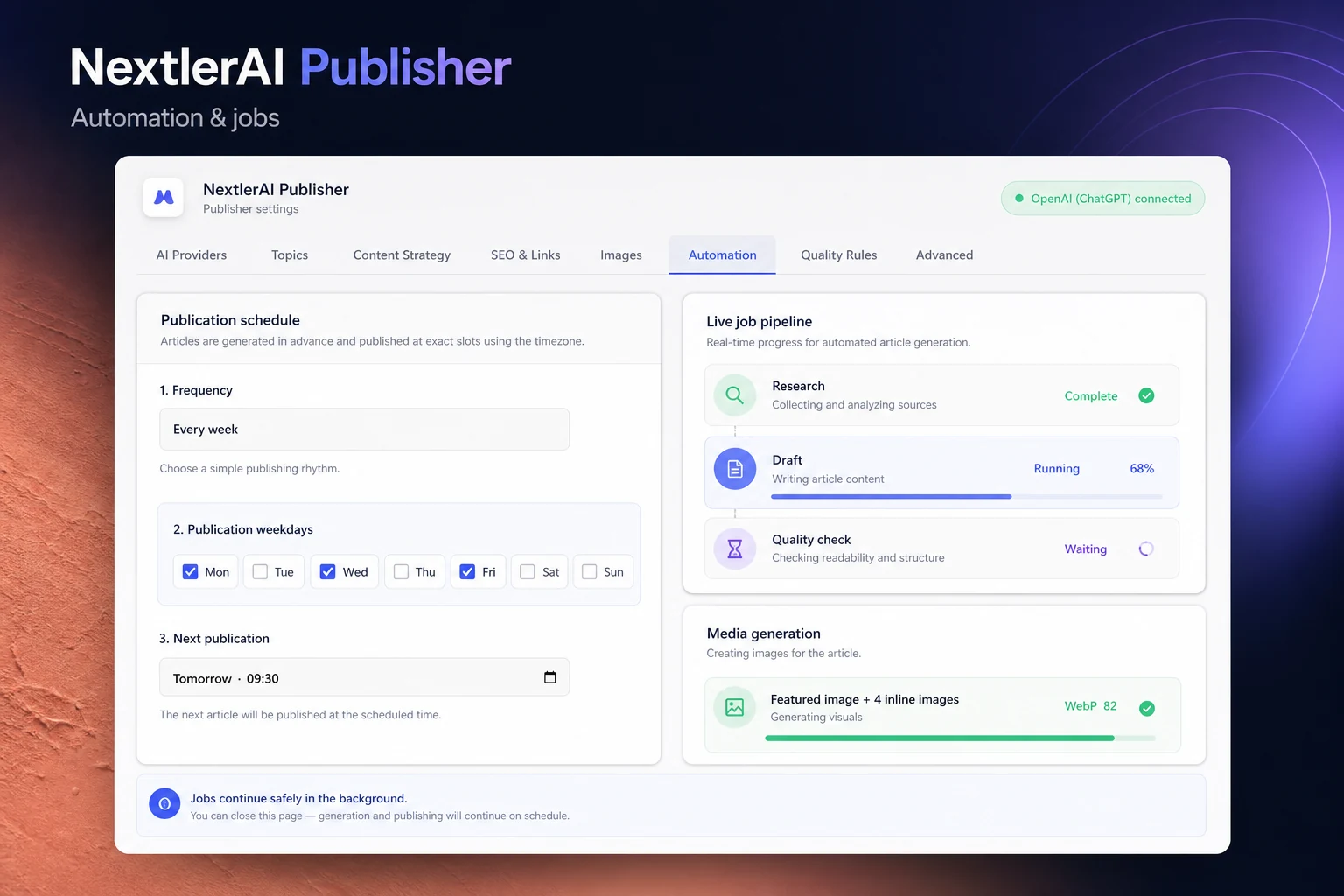 NextlerAI Publisher automated schedule, live background jobs and media generation