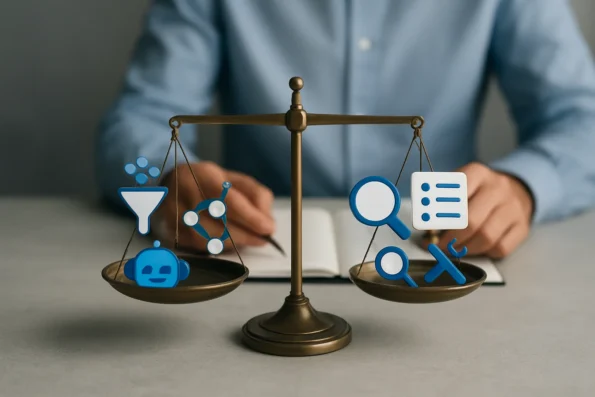 A balanced scale showing AI automation tools on one side and human oversight elements on the other, representing the strengths and limits of automated lead qualification.