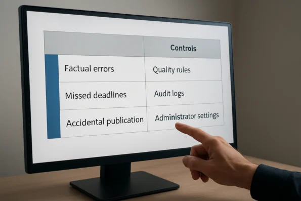 A digital dashboard showing a structured table that links editorial workflow risks to automated and manual control measures for content safety.