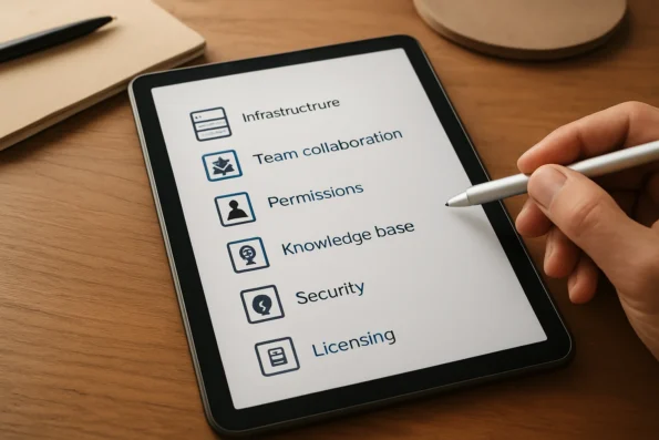 A digital tablet displaying a checklist with icons for infrastructure, team collaboration, permissions, knowledge base, security, and licensing, representing enterprise AI collaboration readiness.