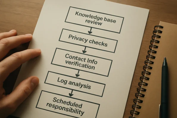 Audit workflow chart for AI customer service automation in WordPress and WooCommerce, highlighting key review and compliance steps.