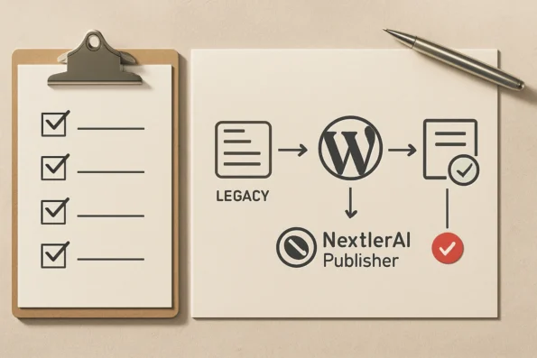 Checklist and content flow diagram highlighting migration prerequisites and validation steps for NextlerAI Publisher in WordPress.