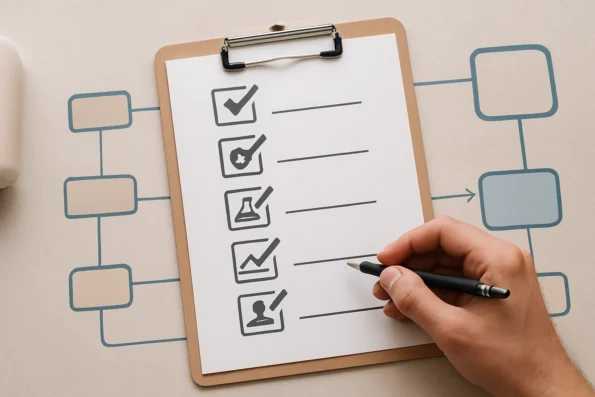 Checklist illustrating key evaluation criteria for selecting an AI outreach provider, with icons for API compatibility, privacy, testing, monitoring, and support documentation.