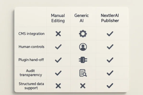 Comparison chart visualizing manual SEO, generic AI automation, and NextlerAI Publisher across integration, control, and transparency criteria.