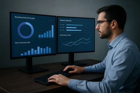 Data analyst examining productivity KPI dashboards with task and workflow analytics visualized on multiple screens.