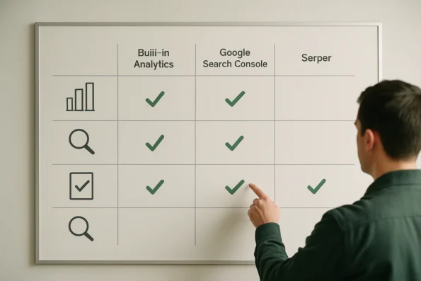 Decision matrix comparing NextlerAI Publisher built-in analytics, Google Search Console integration, and Serper integration across data, reporting, integration, and compliance features.