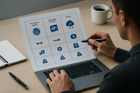 Diagram comparing NextlerAI Publisher CMS integration paths: WordPress plugin, custom API workflow, and hybrid, highlighting data flow, automation, and recovery differences.