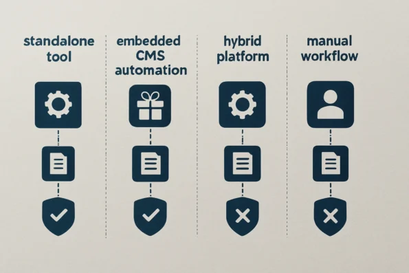 Diagram comparing standalone, embedded CMS, hybrid, and manual content workflow automation approaches with integration, control, and compliance features.