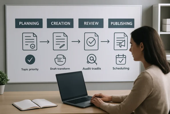Diagram illustrating AI workflow automation mechanisms for each content phase: planning, creation, review, and publishing, with audit and oversight elements.
