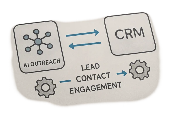 Diagram illustrating bidirectional data synchronization and workflow automation between NextlerAI Outreach and a CRM system, with labeled integration points.