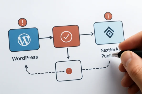 Diagram illustrating editorial control boundaries, approval gates, and risk checkpoints in a NextlerAI Publisher content migration workflow.