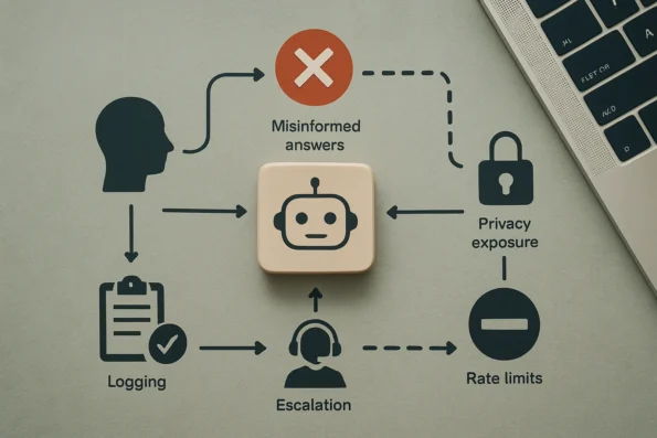 Diagram illustrating operational risks and safeguards in AI-powered customer service automation, including knowledge source control, privacy protection, escalation to human agents, and audit logging.