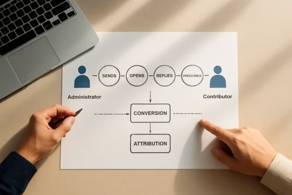 Diagram illustrating outreach analytics KPIs and user role access boundaries in NextlerAI Outreach.