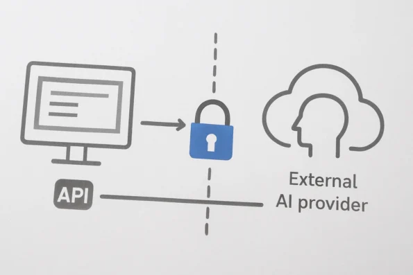 Diagram illustrating privacy and operational safeguards in AI outreach provider integration, with data flow, storage locations, access controls, and rate limiting.