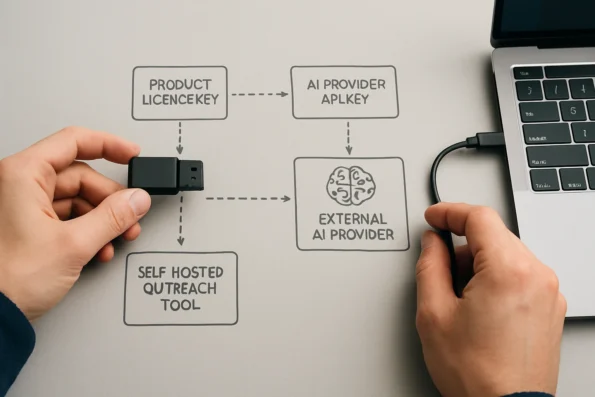 Diagram illustrating the separation of product licence key, AI provider API key, and secure integration between a self-hosted outreach automation tool and an external AI provider.