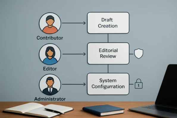 Diagram mapping Contributor, Editor, and Administrator roles to specific workflow tasks in NextlerAI, with icons marking access boundaries, review steps, and audit controls.