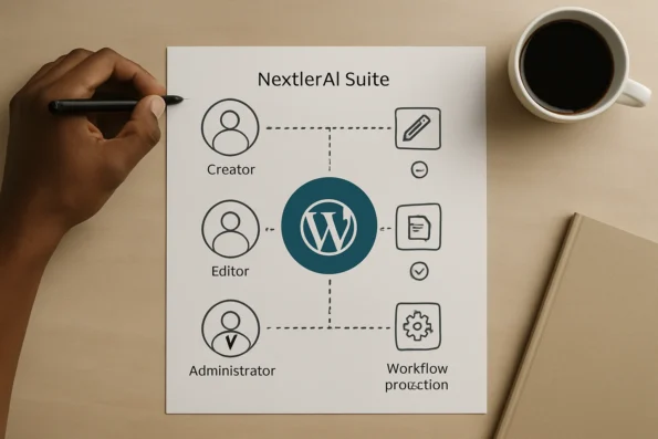Diagram of a WordPress content team using NextlerAI Suite, with distinct roles—creator, editor, administrator—each linked to specific access boundaries and workflow controls.