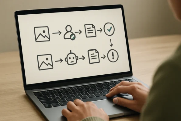Diagram of AI media management automation workflow showing automated image sourcing, metadata steps, and human review checkpoints for accessibility and compliance.