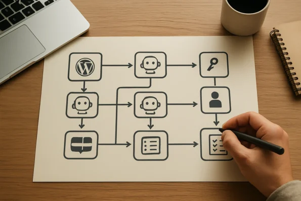 Diagram of AI-powered customer service workflow in WordPress, illustrating multilingual chat channels, team role permissions, and continuous feedback loops for knowledge base maintenance.
