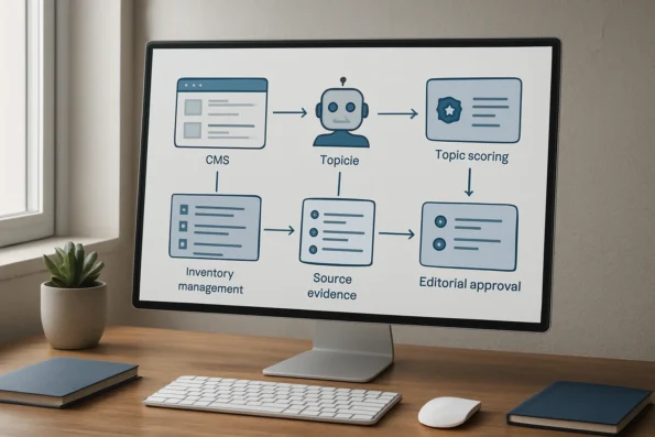 Diagram of AI research automation integrated within a WordPress editorial workflow, showing CMS, topic scoring, inventory management, evidence sources, and approval steps linked in sequence.