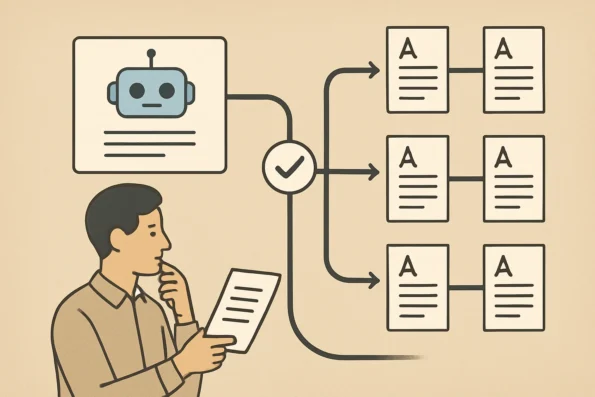 Diagram of an AI content research workflow, emphasizing editorial review to prevent duplicate articles and ensure quality.