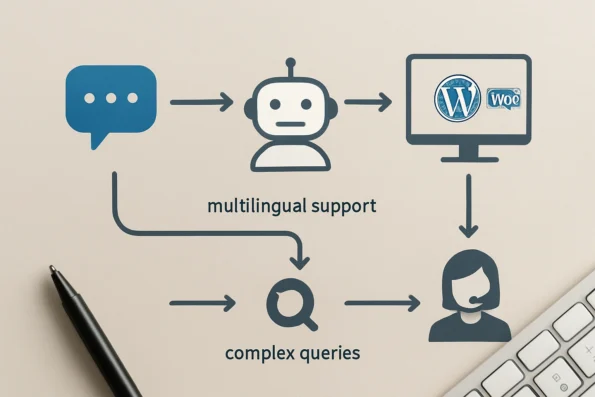 Diagram of automated and human-managed support flows in a WordPress and WooCommerce customer service environment, with AI handling routine tasks and agents addressing escalated cases.
