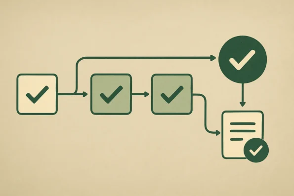 Diagram of automated approval workflow with distinct checkpoints, manual sign-off, and audit logging for compliance tracking.