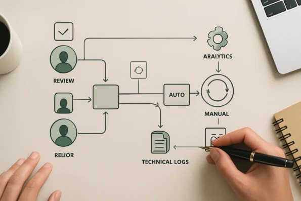 Diagram of NextlerAI workflow showing approval checkpoints, audit logs, reviewer roles, manual and automated feedback paths, and analytics inputs.