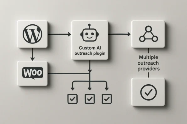 Diagram of WordPress plugin integration with AI outreach tools and multi-provider routing, highlighting data flow and verification checkpoints.