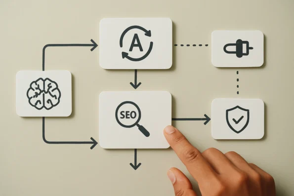 Diagram showing an AI-powered multilingual content workflow with editorial checkpoints, SEO localization, reporting, and fallback mechanisms.