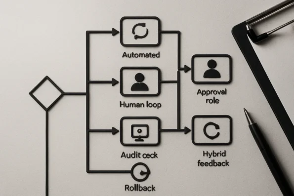 Diagram showing automated, human, and hybrid feedback loops in a workflow, with audit checkpoints and decision criteria highlighted.