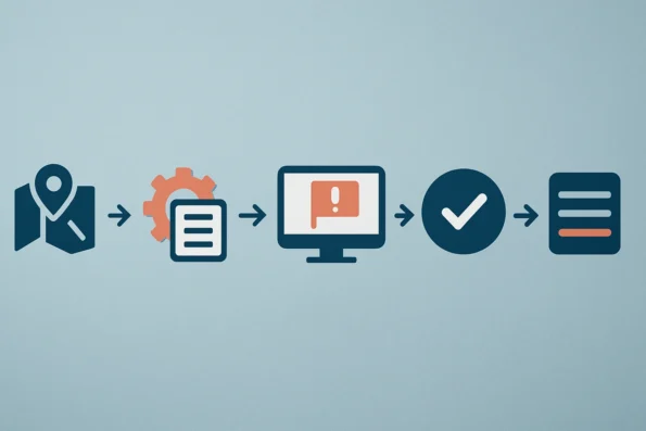 Diagram showing five key steps of automated SEO workflow in AI publishing: source mapping, automated metadata, quality audit, approval checkpoint, and inventory control.