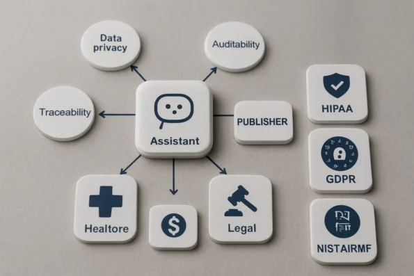 Diagram showing NextlerAI Assistant and Publisher linked to compliance pillars and regulatory frameworks for healthcare, finance, and legal sectors.
