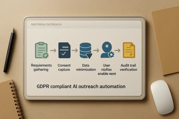 Diagram showing phased steps for GDPR-compliant AI outreach automation using NextlerAI Outreach, including consent capture, data minimization, user rights, and audit trail processes.