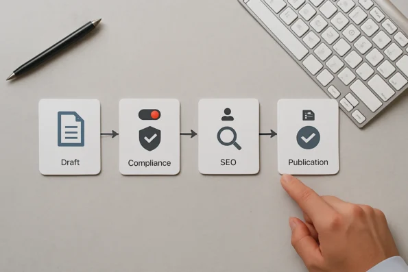 Diagram visualizing multi-stage automated approval workflow checkpoints, assigned roles, and audit trails in NextlerAI Publisher.