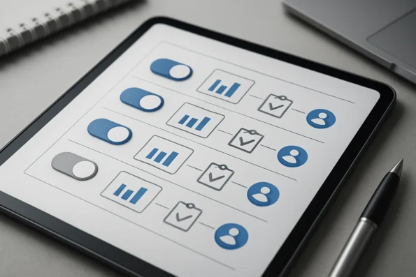 Digital dashboard displaying a structured checklist for monitoring productivity data, with icons representing analytics settings, KPI review, event attribution, permission audits, and measurement updates.