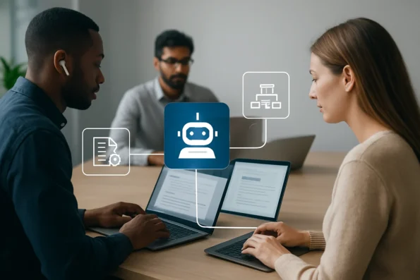 Distributed product team collaborating through an AI-powered shared knowledge base, with visible permission and workflow indicators.
