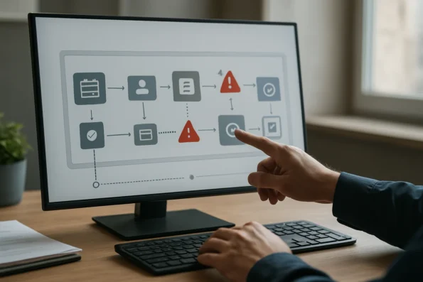 Editorial automation dashboard showing system-managed approvals and scheduling, with visible alerts requiring human review for quality, licensing, and content overlap.