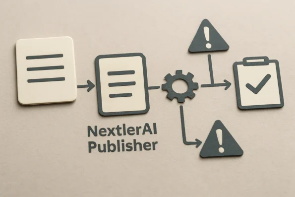 Editorial workflow diagram illustrating automated content brief generation with approval checkpoints and role-based controls in NextlerAI Publisher.