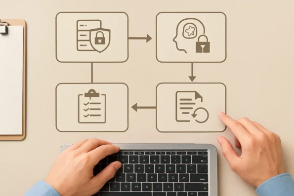 Flowchart depicting hospital IT team configuring NextlerAI Assistant with compliance-focused steps, including knowledge curation, approval stages, audit logs, and rollback controls in a healthcare setting.