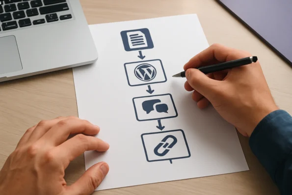 Flowchart depicting the step-by-step optimization of a WordPress customer service knowledge base using NextlerAI Assistant, highlighting content auditing, source settings, Q&A customization, training links, and index rebuilding.